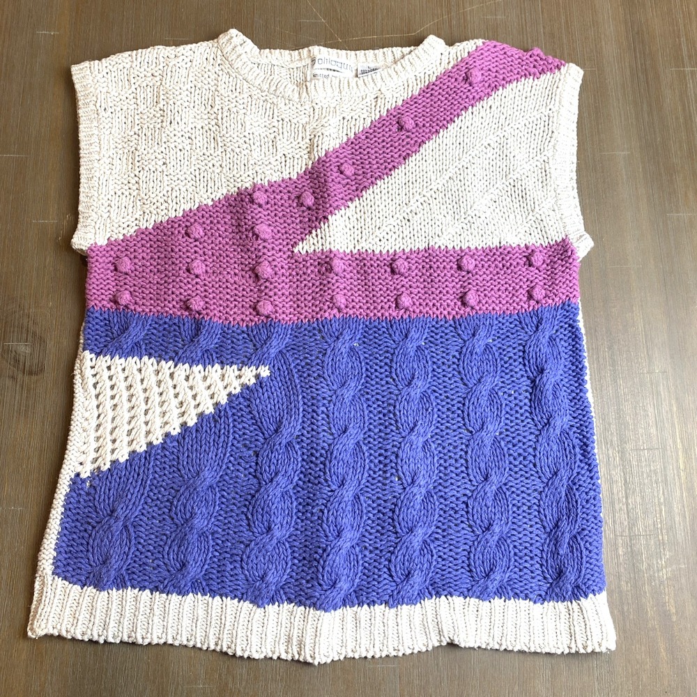 VTG Soliloguy Womens‎ Sweater Vest Hand Knit Large Linen Blend Chunky Cable Knit